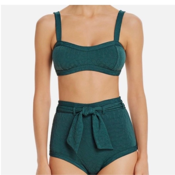Peony Textured Belted High-Waisted Tie Two Piece Swimsuit Bikini Green Small - Picture 1 of 16